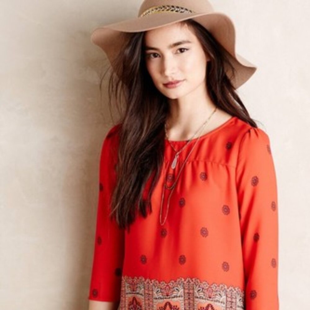 Anthropologie Maeve Rila Bordered Blouse 3/4 Sleeve Size 10